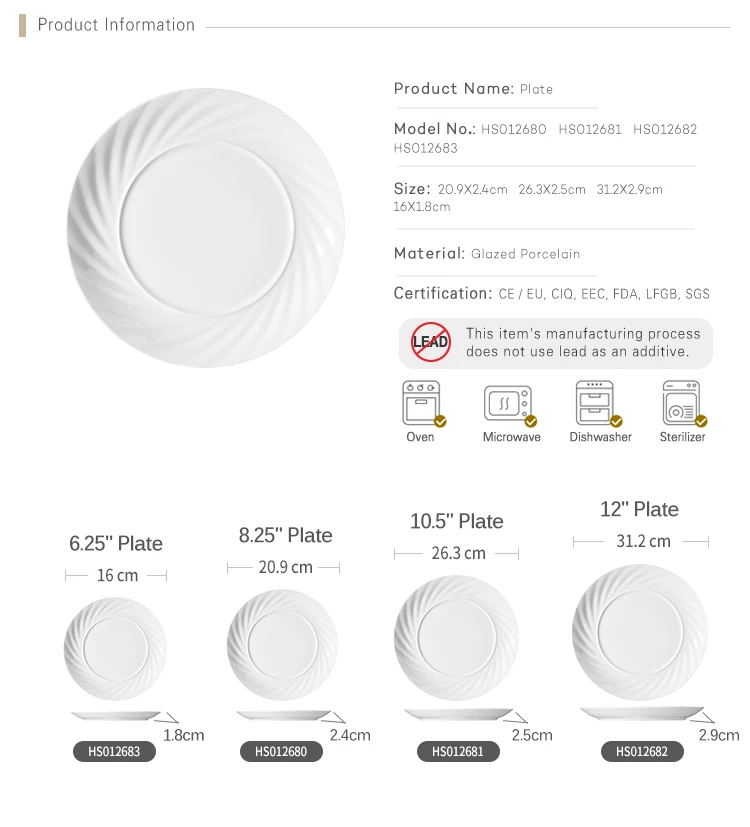6-12inch Hotel Used Dinner Plates, Horeca Standard Dinner Plate Size, White Round Porcelain Dinner Plate