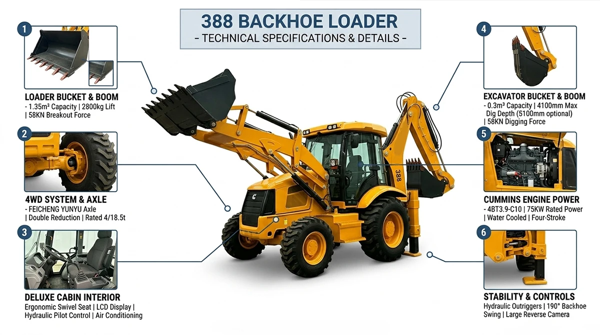 Backhoe Loader Cummins Engine Wheel Loader 30kmh Max Speed LED Cab Reverse Camera Pilot Control Hydraulic High Power
