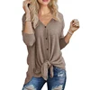 2019 Fashion Womens T Shirt Waffle Knit Tunic Blouse Tie Knot Henley Tops Loose Fitting Bat Wing Plain Shirts
