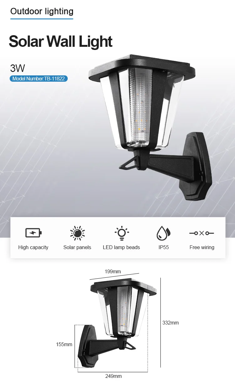 High Power Customized IP65 Waterproof Wall Lamp Garden Led Solar Light Outdoor 3W Solar Sensor Wall Light