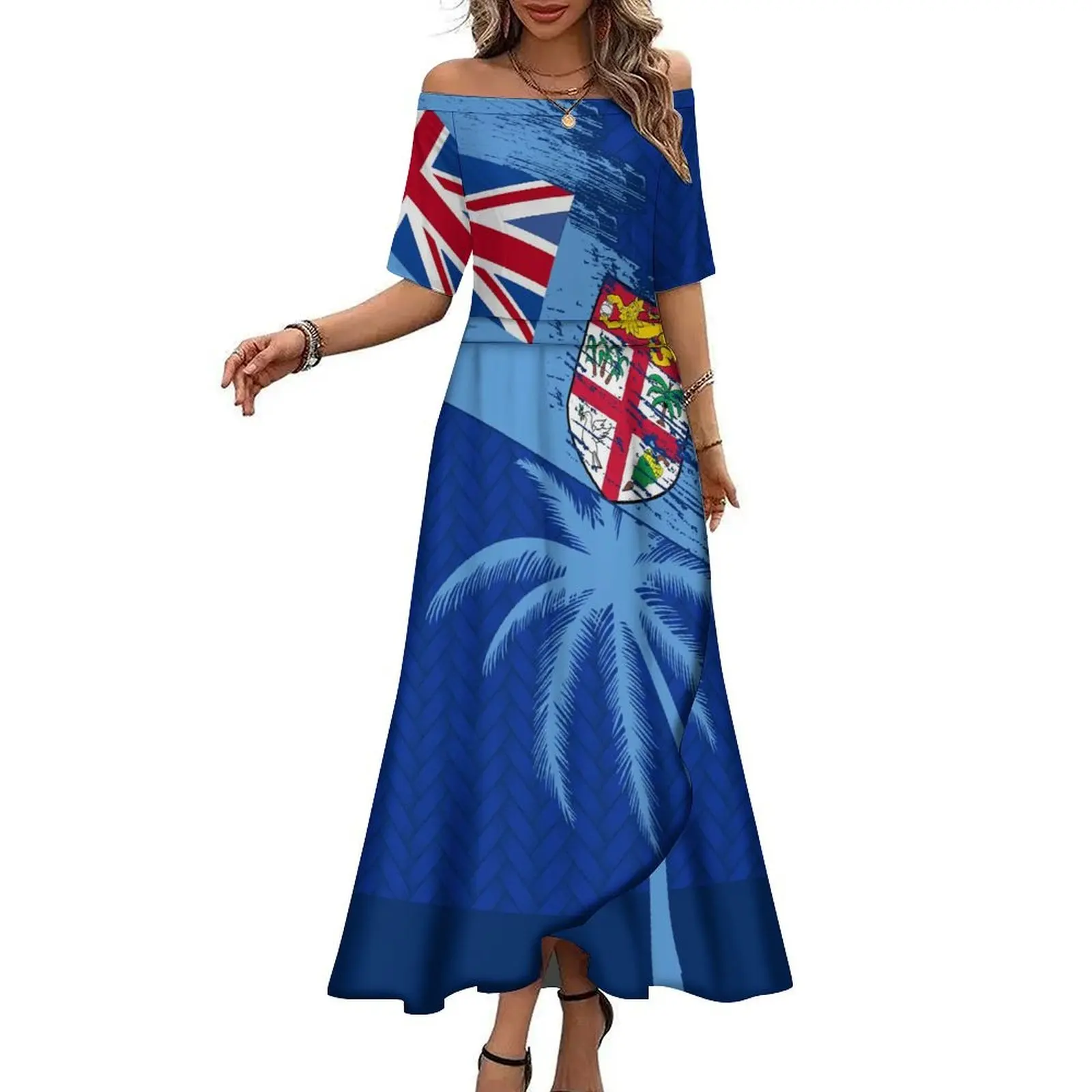 fiji designer dresses Wholesale New Arrival Custom Logo Polynesian Tribal Print Off houlder Long Maxi Dress Drop hipping One Half Off houlder Half leeve Dress Polynesian