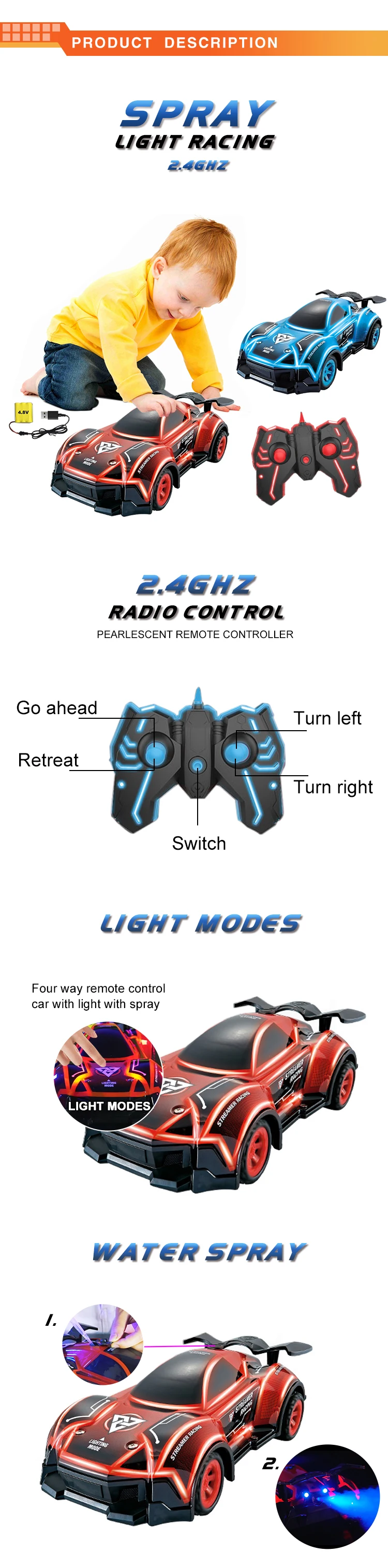Amazon hot sale 5 modes spray light racing 2.4G new remote control car