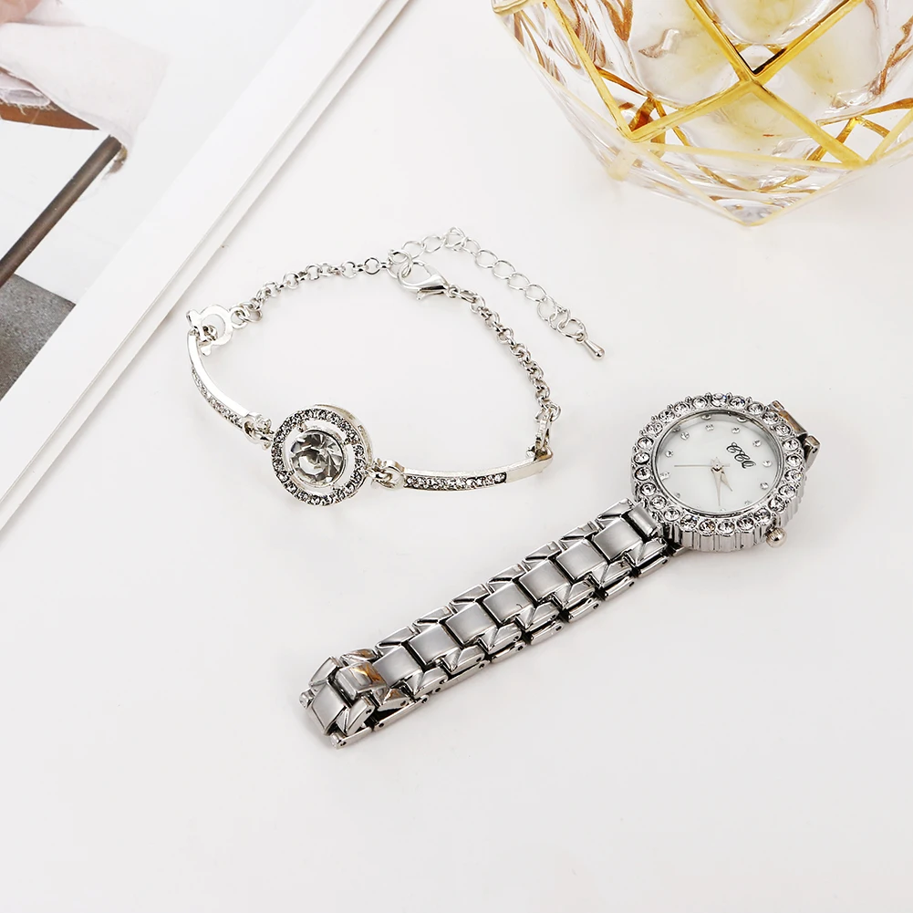 Luxury Diamond Around Face Silver Ladies Watches Quartz 2 pcs Watch Bracelet Jewelry Set TW467