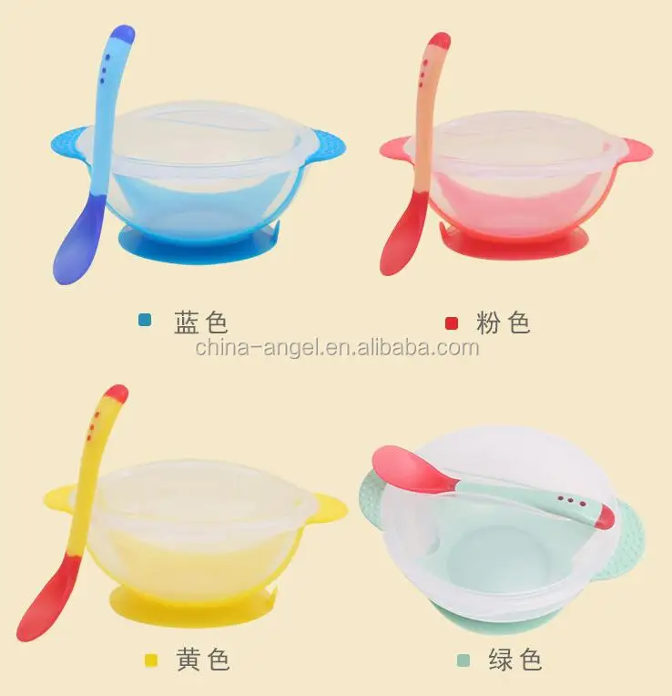 Learning Bowl Baby Spoon Dish Suction Cup Food Assist Temperature Sensing Spoon 