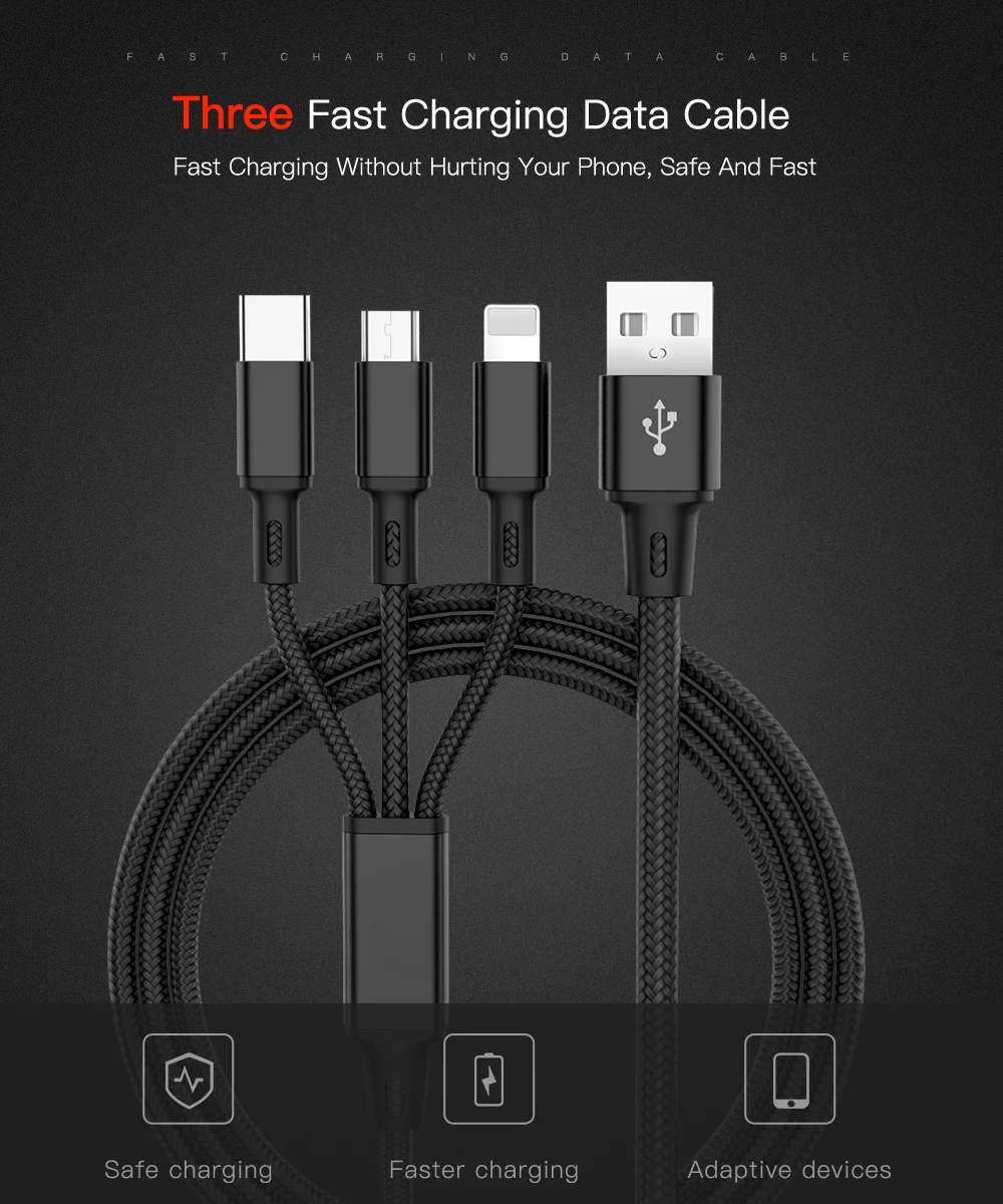 Free Sample durable quality 3A type c fast charging speed multi 3 in 1 usb charger cable for Iphone android cell phone