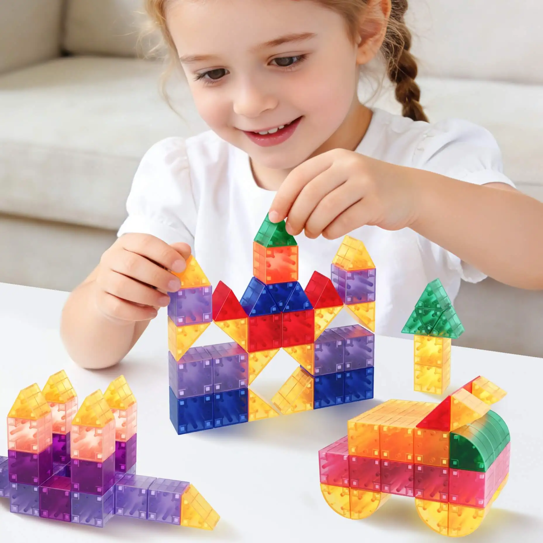 Girl playing with STEM learning building blocks - High-quality educational toy manufacturer