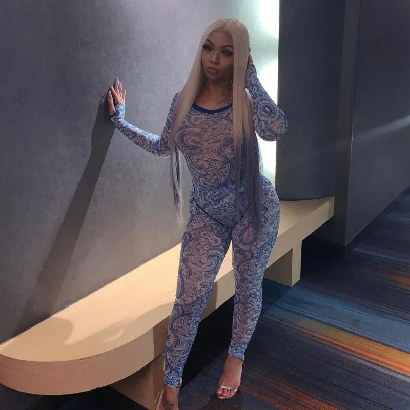 2020 Fashion New Arrival Women  Rompers Womens Sexy Bodycon Blue Print 2 Piece Jumpsuit Set