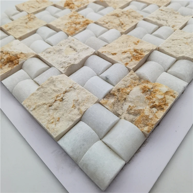 Wholesale Price Yellow White Seamless Tightly Structured cube 3d Rock Stone Mosaic Tiles