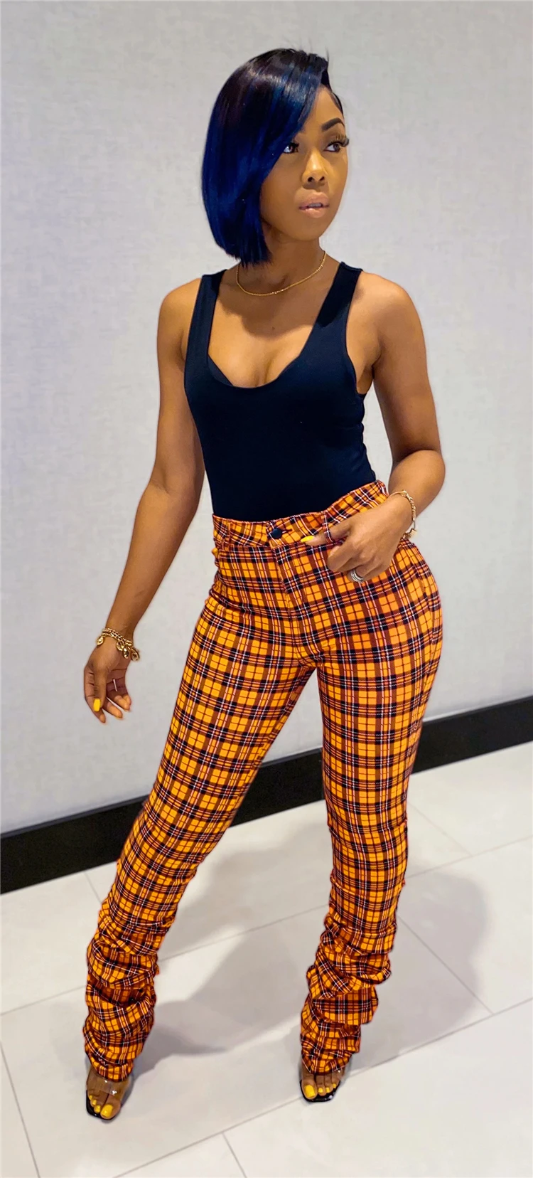 red plaid stacked pants