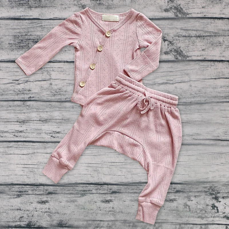 Pink Ribbed Cotton Romper Baggy Pants Boutique Baby Infant Clothing Set