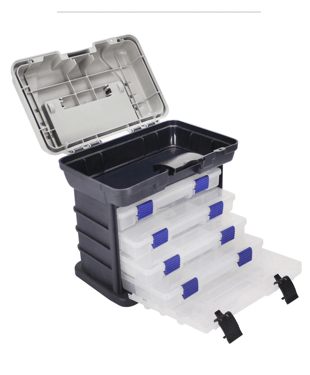 Boîte à Pêche Compacte 4 Couches - Pour Leurres, Hameçons, Accessoires - Plastique - Noir Et Blanc