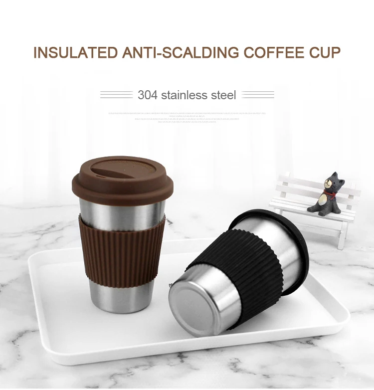 Stainless Steel Coffee Cups with Silicone Lids Non-slip Anti