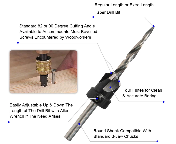 Round Shank 4 Flute HSS Wood Countersink Taper Drill Bit with Stop Collars and Wrench for Wood Screw