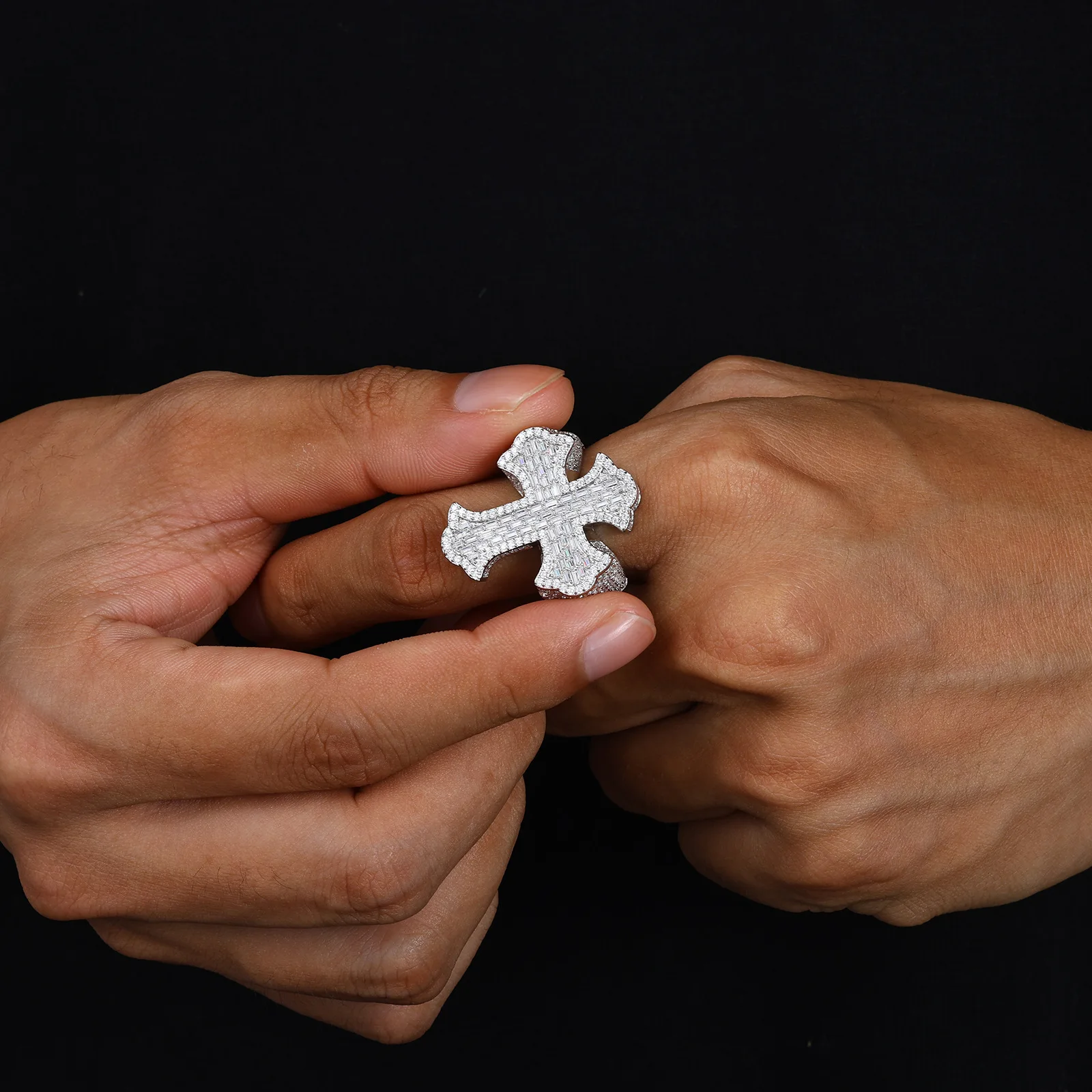 S925 Silver Moissanite Cross-Shape Ring for Men Super Flash T Square Diamond Cross-Border Hip Hop Style Ready to Wear