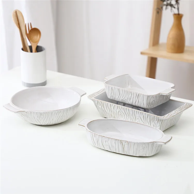 Hot sale kitchen matte embossed design cheap cake bread pizza pie white ceramic baking dish set with different size.jpg