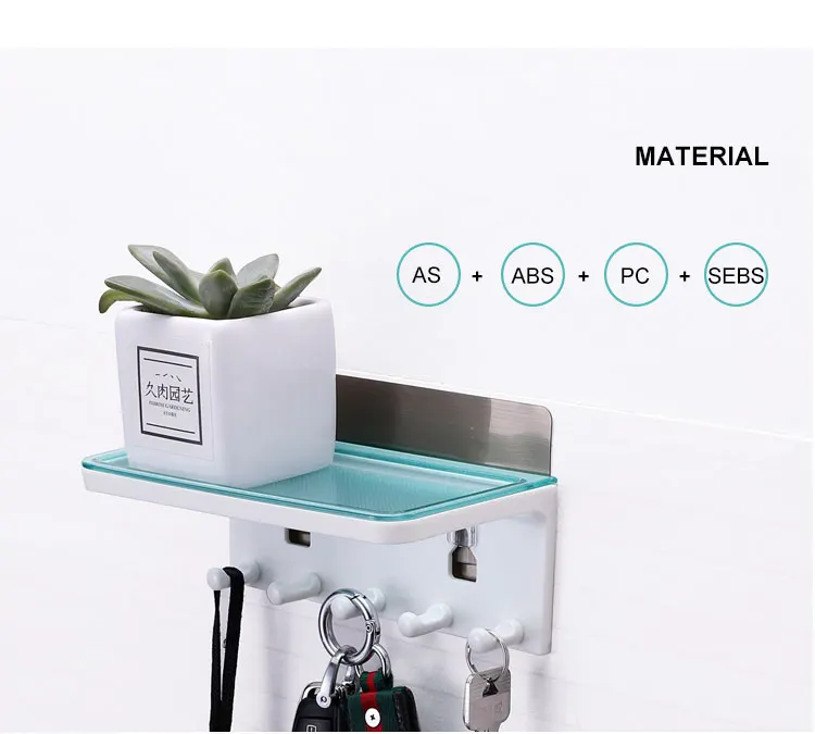 2020 Household multi-function wall mounted hanging plastic storage rack shelf with 5 hooks bathroom kitchen living room
