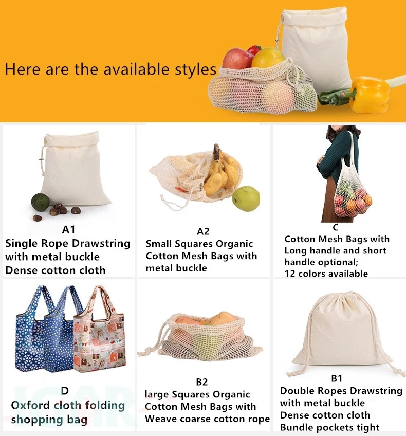Gray color recycle fruit and vegetable bag reusable organic cotton mesh bags for fruits and vegetables 