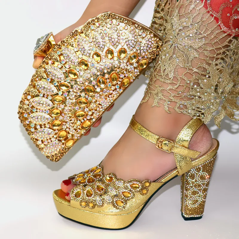 Sn356 The Latest Gold Color Elegant High Heels Italian Bag Matching