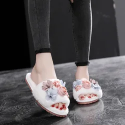 PDEP 2021 new style women Cute flower Flat Ladies Soft Slides faux rabbit fur Shoes Female Bling home Casual Sandals