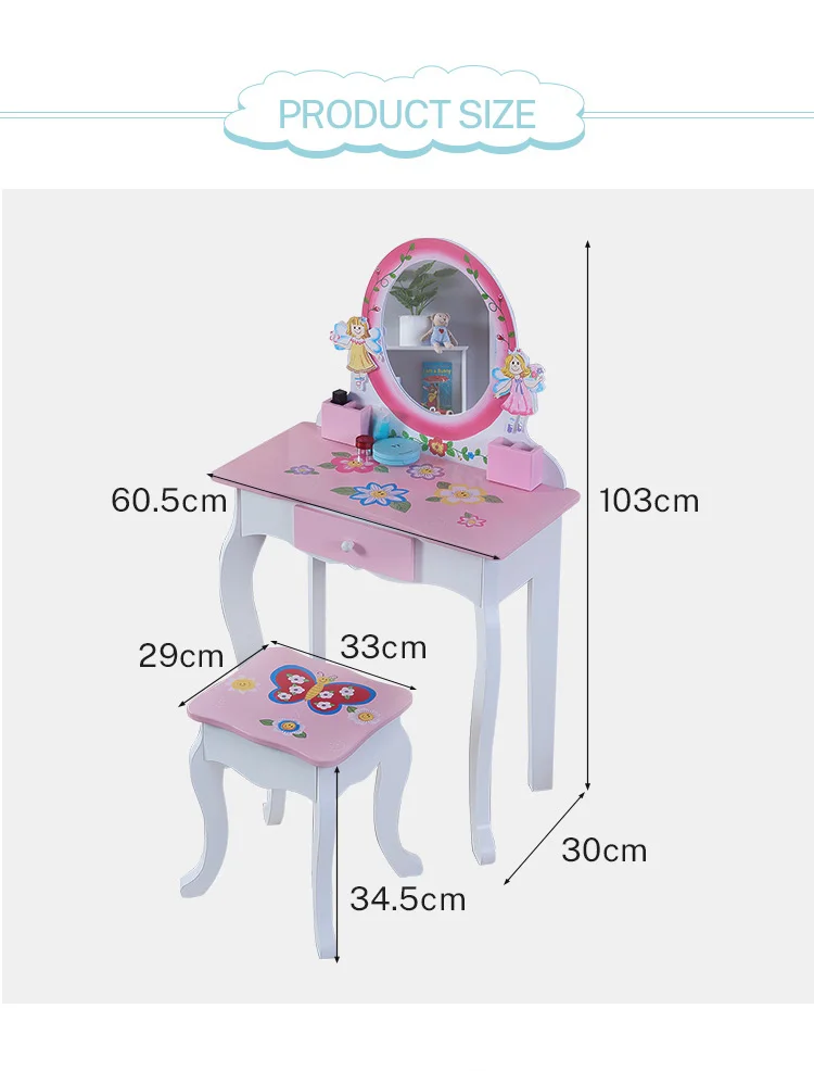 Hot Selling Girls Wooden Fairy Dressing Table Chair Vanity Dressers Table Kids Dressing Table