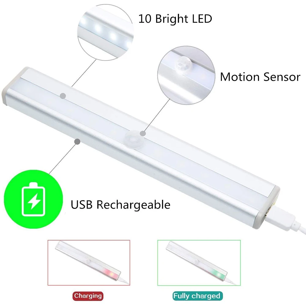 10 LED wireless Under Cabinet wardrobe Light USB rechargeable Pir motion sensor led lights with remote control supplier