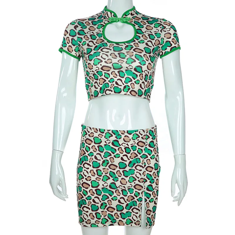 2019 Summer Crop Tops Short Sleeve Sexy Cheongsam Style 2 Pieces Women Dress