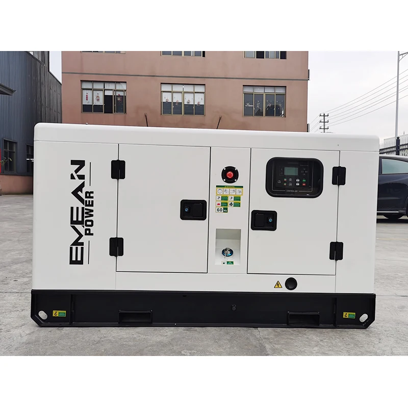 15kW diesel generator with digital control panel showing voltage, frequency, and runtime