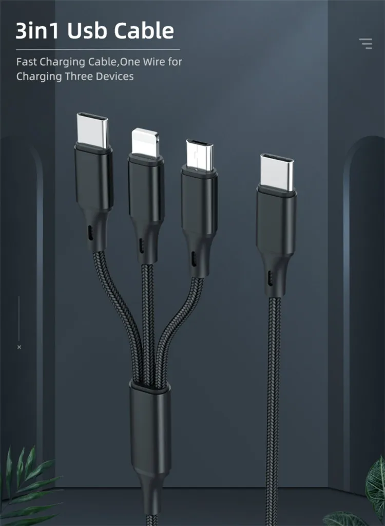 Amazon hot sale 3A Fast Charging 1.25M 3 In 1 USB C Cable to Light ning For iPhone 12 USB C to MIcro Type C Charging Cable - ANKUX.COM