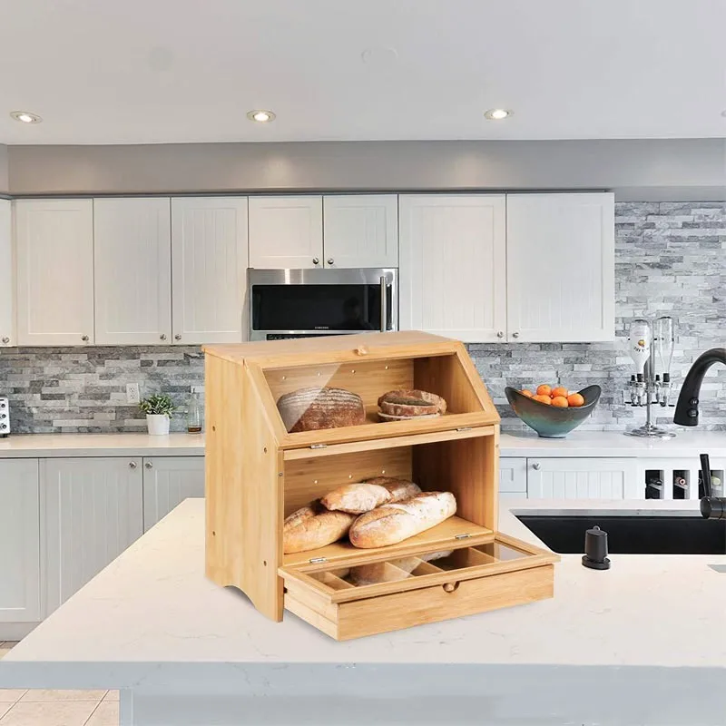 Bamboo Corner Bread Box Double Layers Wood Bread Bin For Kitchen Bamboo