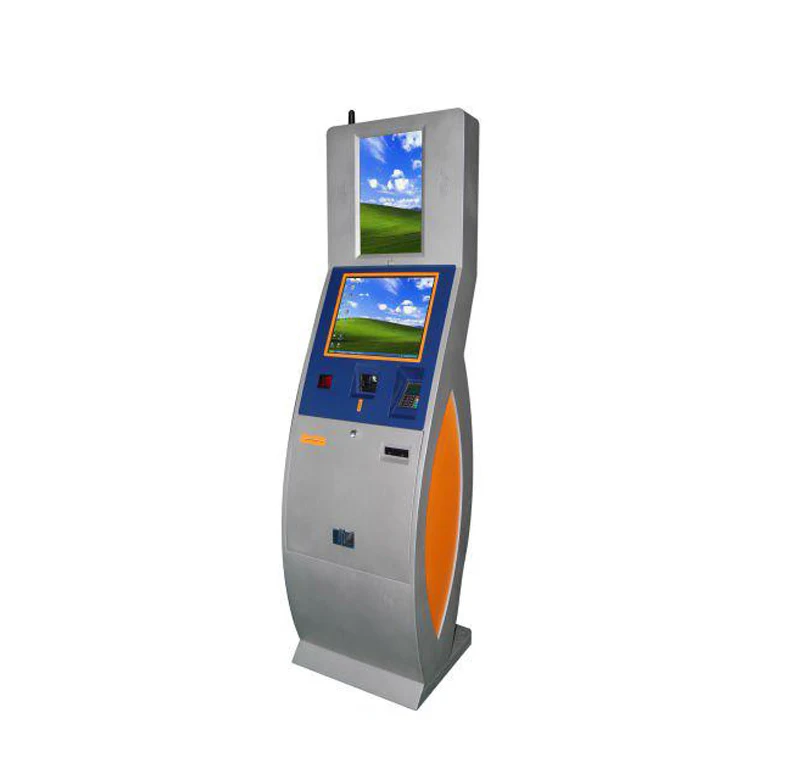 Customized dual touch screen card dispenser kiosk for vending in shopping mall