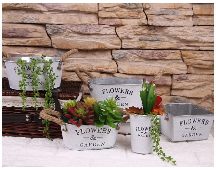 Pastoral Iron Hemp Rope Handle Hanging Bucket Indoor  Decoration Retro Flower Pots in Bulk