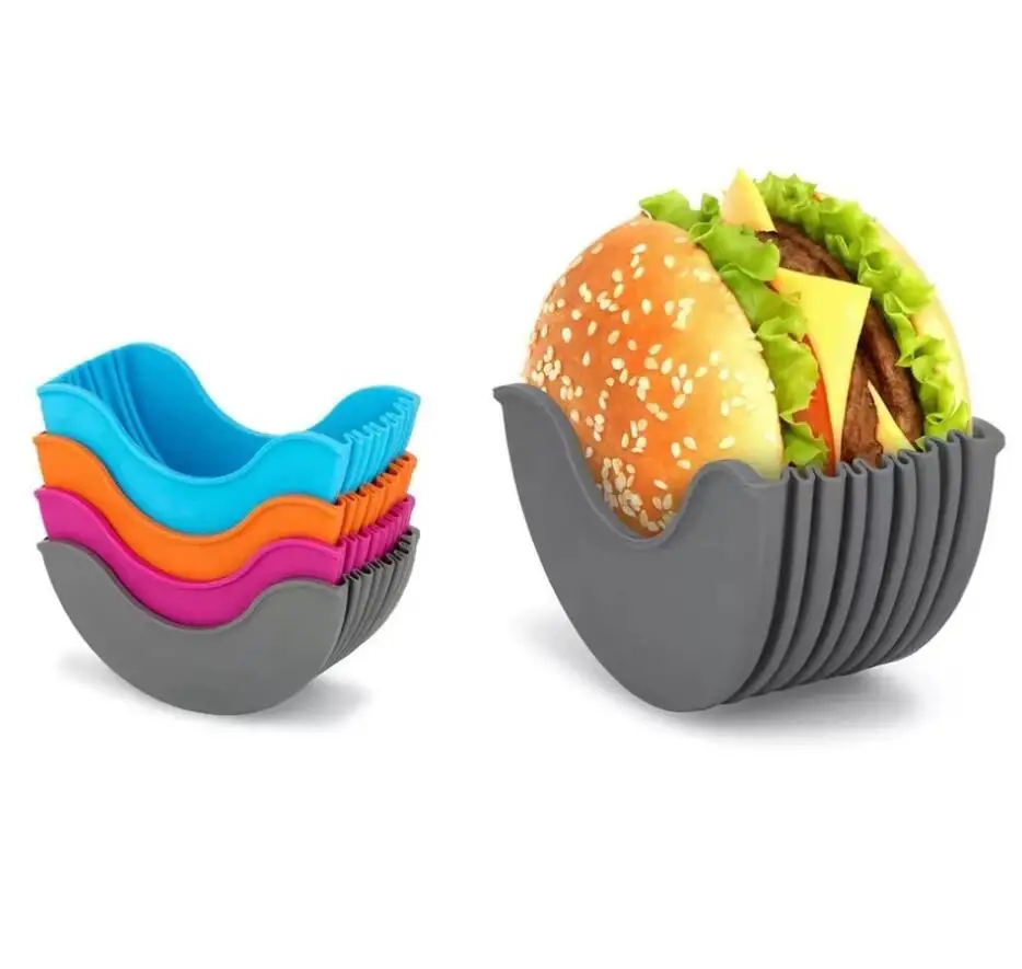 Voaesdk Reusable Burger Holder,Hygienic Burger Fixed Box,Stretchable Washable Silicone Hamburger Bun Shell Rack Holder Sandwich Boxes for Home Party Outdoor 2PCS,Gray&Orange 