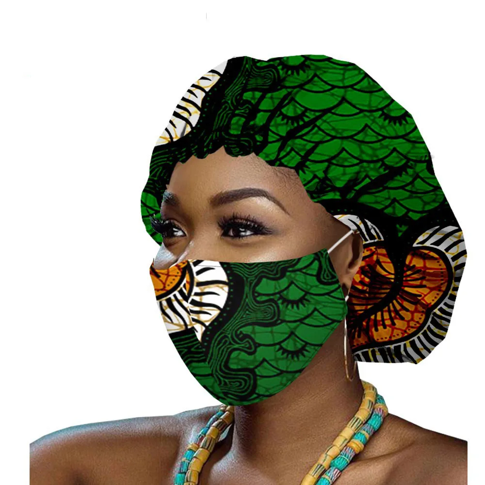 非洲kitenge棉女士非洲面料帽子与ma sks和耳环装饰非洲印花帽子帽