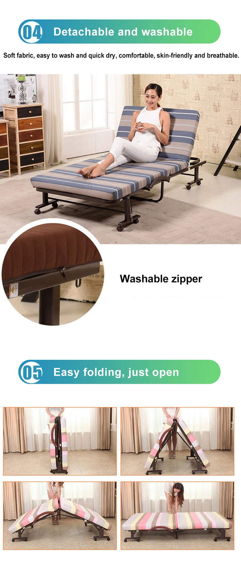 Hotel Folding Bed Spare Portable Latex Foam Mattress Beige Single Bed