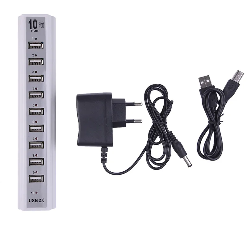 USB 2.0 Hi-speed 480Mbps 10 Ports USB Hub + Power Adaptor For PC Notebook Laptop with Retail Package