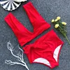 2019 Neon Bikini Red High Waist Deep V shape Swimwear open sexi photo matching