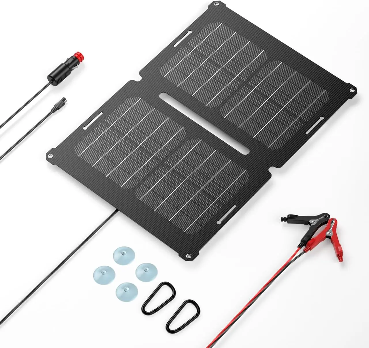 12V solar trickle charger mounted on car hood with alligator clips attached to battery terminals