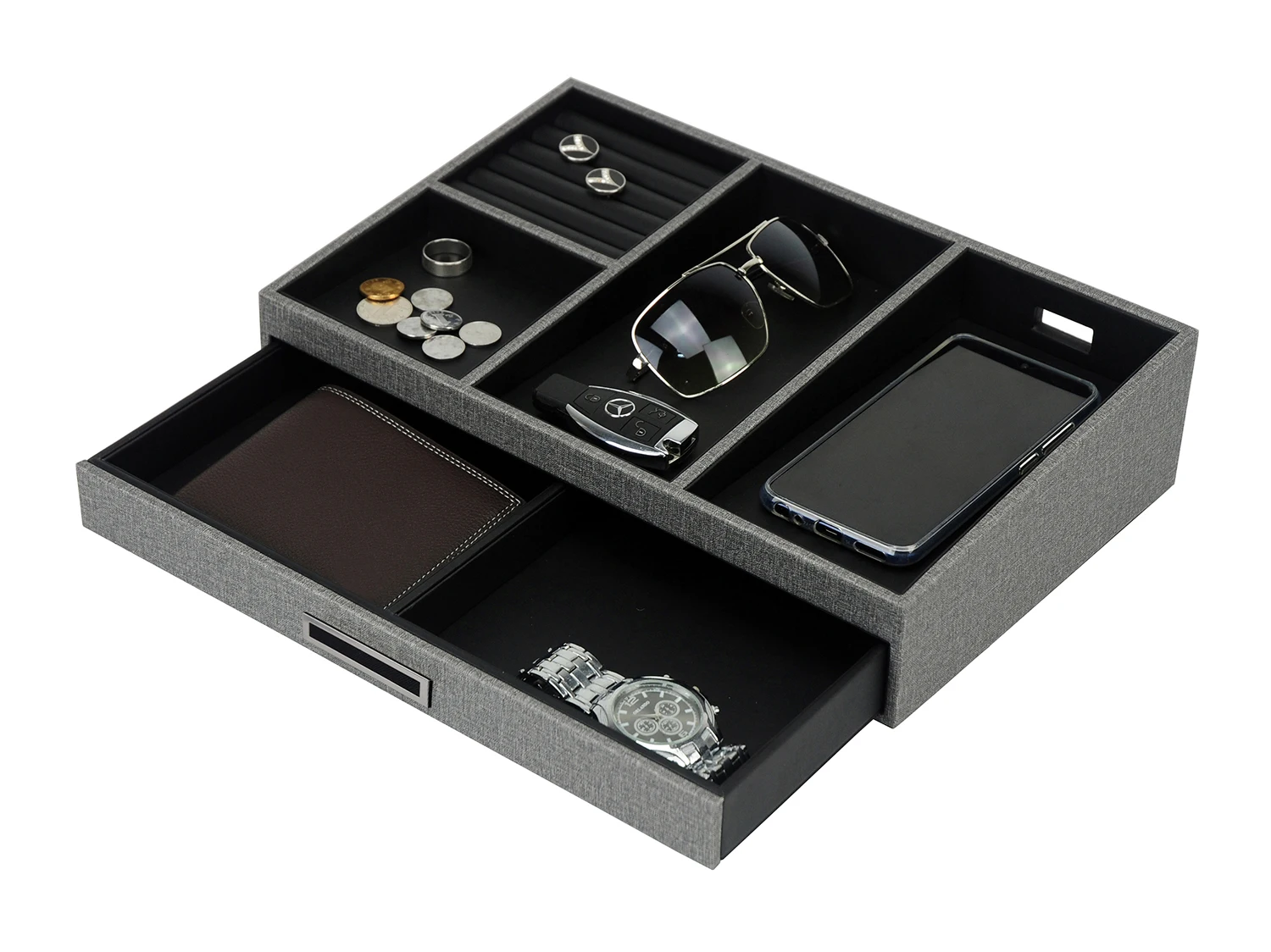 Leather 5 Compartments Valet Tray- Desktop Organizer For Keys