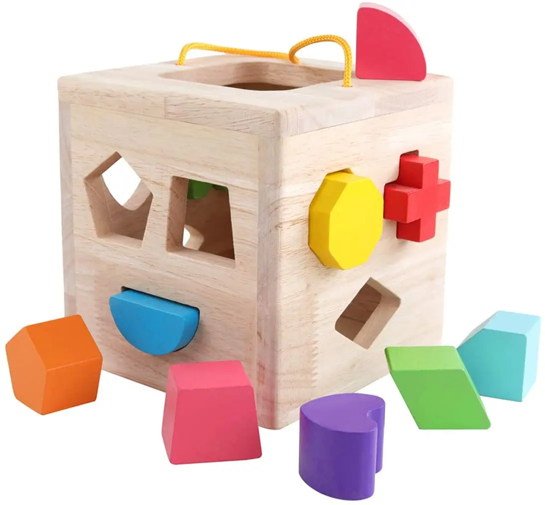 Wooden 12 Building Blocks Geometry Learning Matching Sorting Gifts