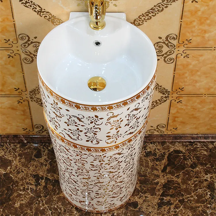 Luxurious ceramic pedestal gold hand basin free standing