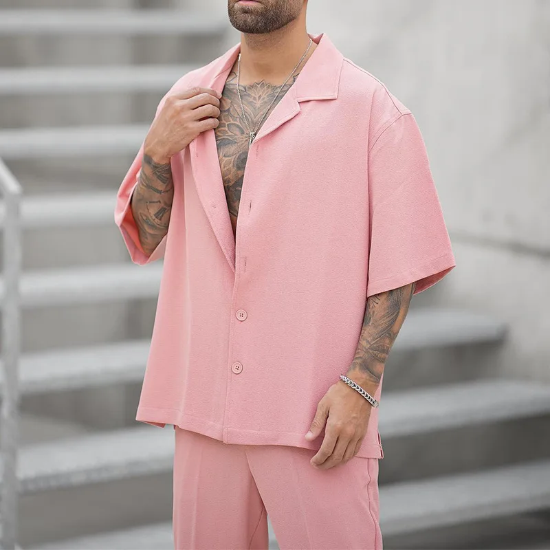 Ensemble deux pièces pour hommes, nouvelle tendance, respirant, imprimé, chemise et pantalon décontractés, couleurs unies, costume tissé, mode d'été