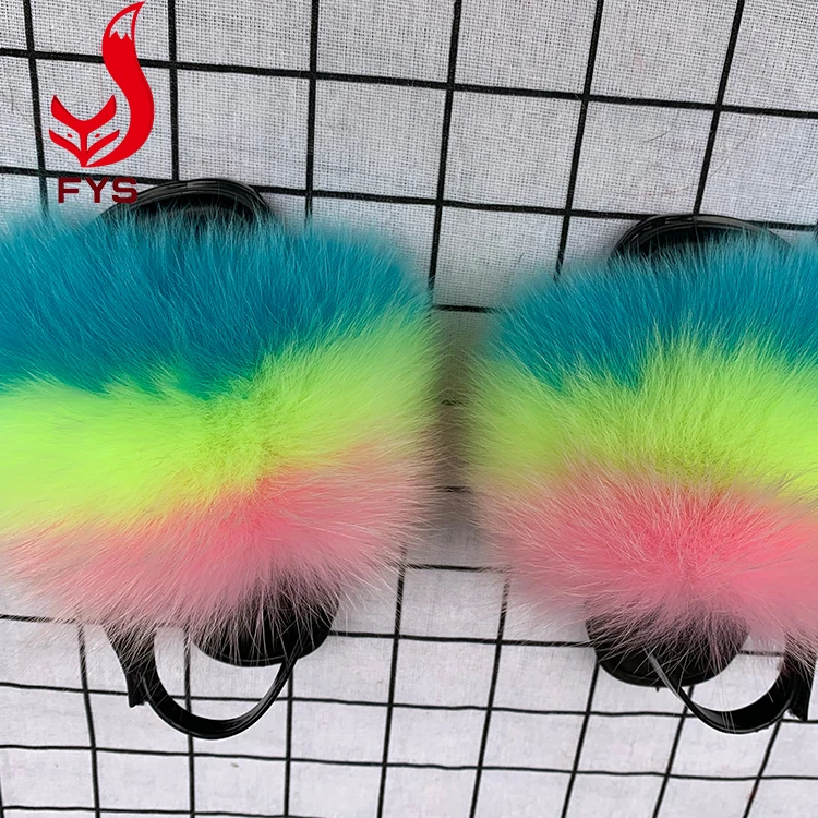 
Wholesale cheap price mixed color fluffy fox fur kids slippers slides with logo printed 