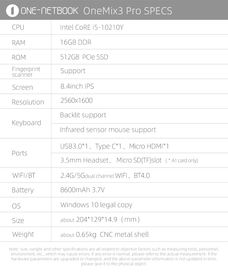 One-NetBook One Mix 3 Pro Mini Pocket Laptop 8.4 Inch Intel Core