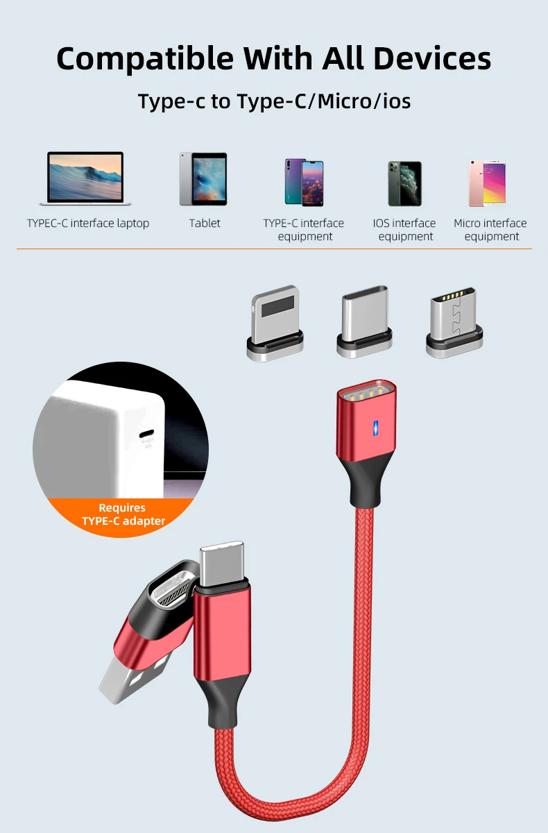 wholesale on stock magnetic charging cable cell phone accessories PD USB C/USB A to android type c/ios lighting micro usb cable