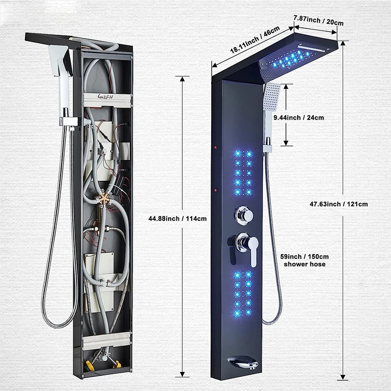 Rovate Black Shower Panel System Led Light Design Waterfall Rainfall