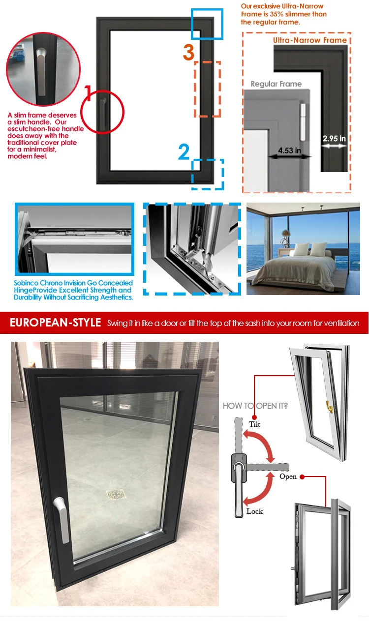 2020 Modern cheap house big glass thermal break aluminium tilt and turn casement windows for sale