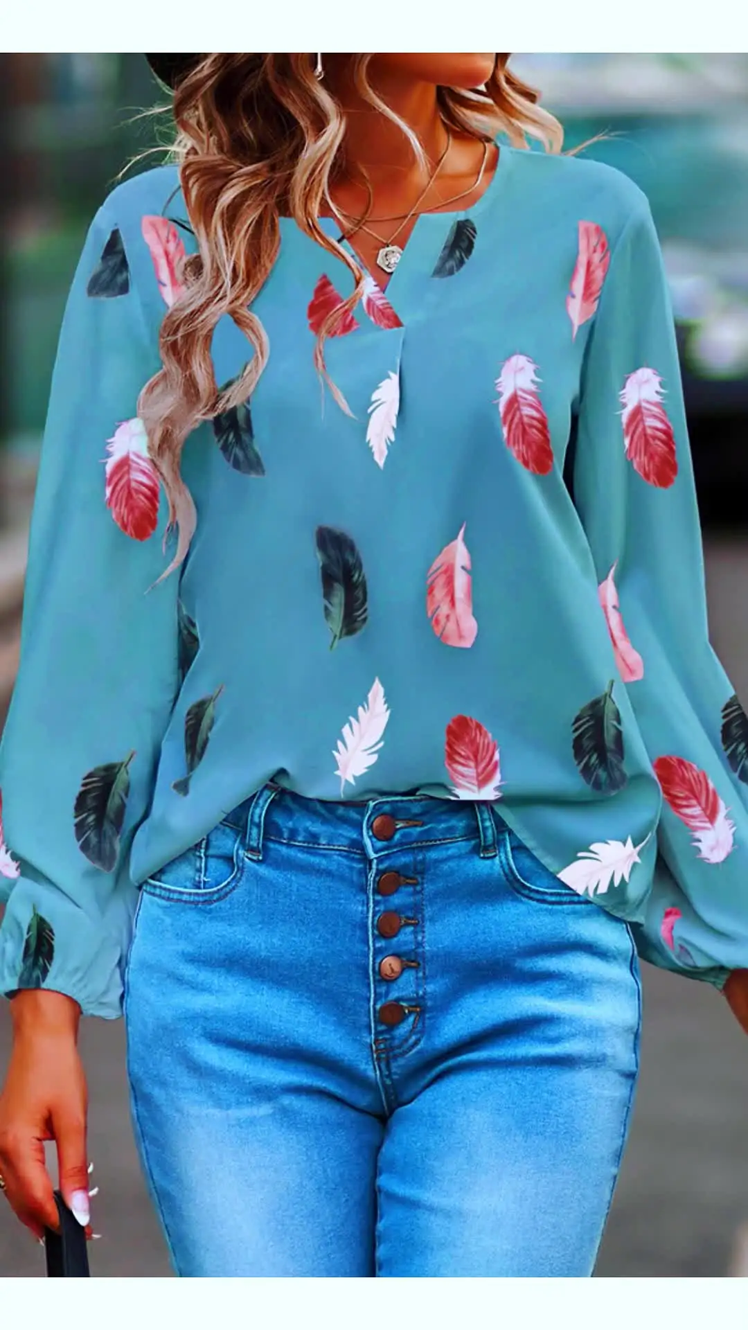 Shop Spring/summer V-Neck Feather Print Bat Sleeve T-shirts