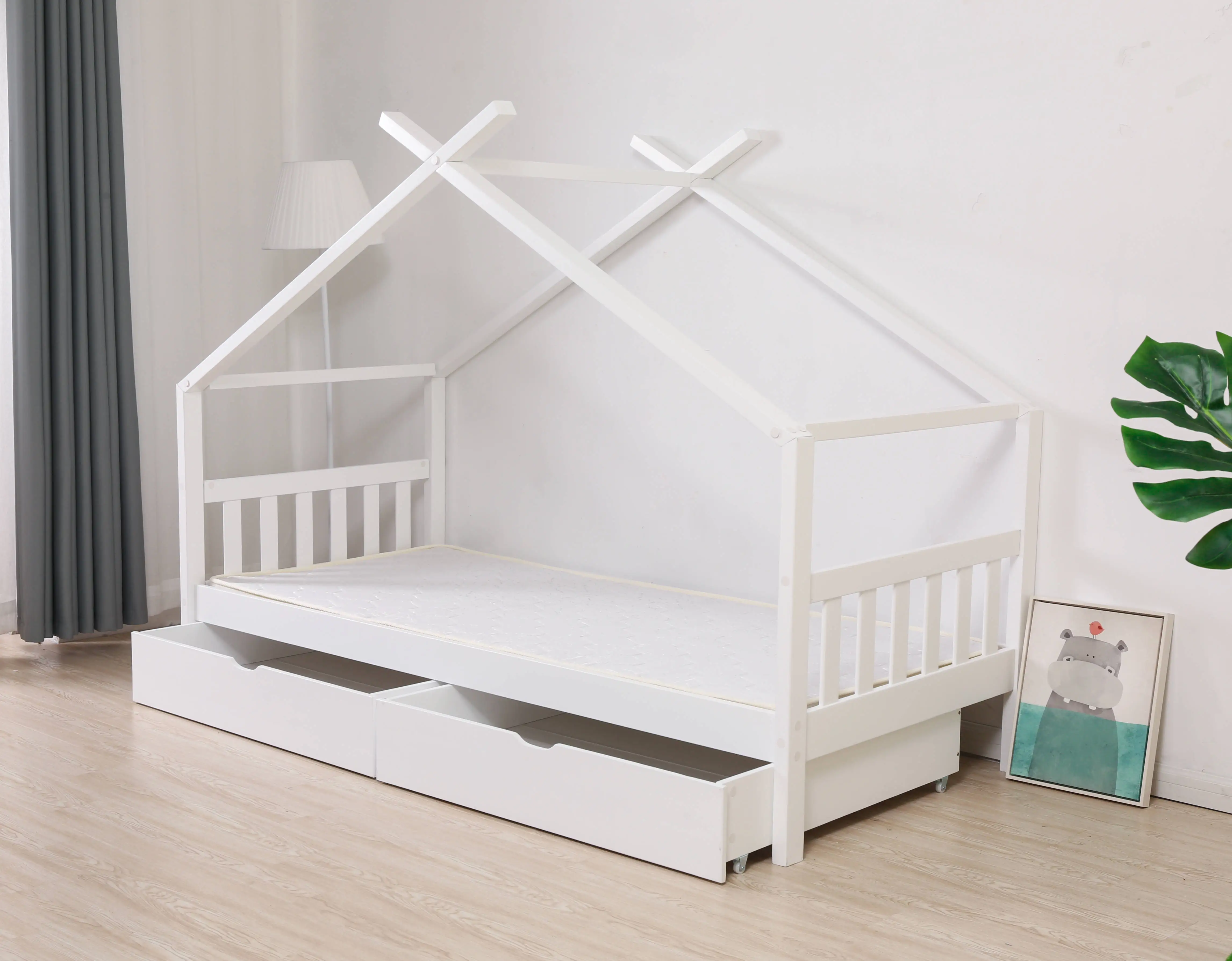 Wooden Kids House Bed Frame,Solid Pine Wood Tree House Style Kids Floor