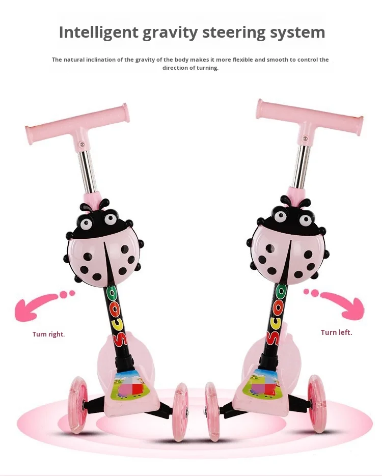 可调高度可乘坐婴儿学步车一键折叠儿童滑板车，适用于1至5岁单板，带三个轮子