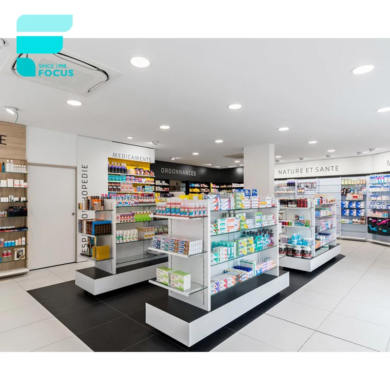 Retail Showroom Display Medical Store Furniture Design Pharmacy Counter Design Medical Shop Racks Wooden Pharmacy Shelves